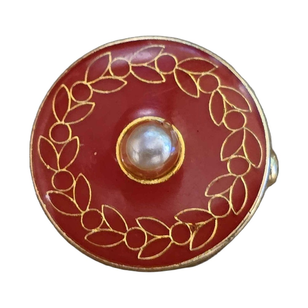 Vintage Red Enamel Pearl Wreath Gold Tone Lapel Vest Hat Pin J17